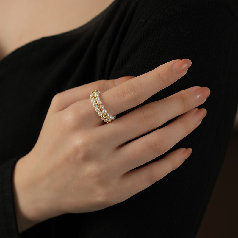 Golden Charm 3-4mm Osmanthus double-row freshwater pearl ring, fashionable and elegant high-end jewelry birthday gift