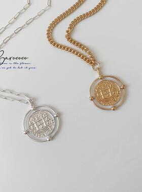 【孤品】小众复古ins风环形金币卫衣项链欧美双面浮雕硬币毛衣链