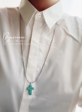 陶瓷仿松石十字架黄铜珠链长项链