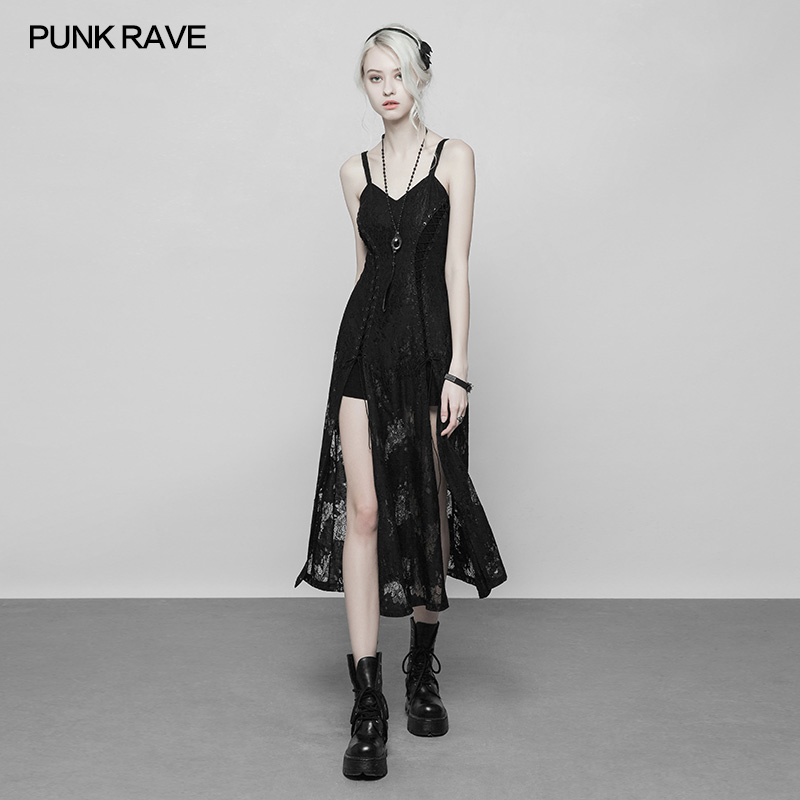 *PUNK RAVE女装 暗黑系蕾丝吊带重工鸡眼绑绳开衩连衣裙 大码女装 - 图1