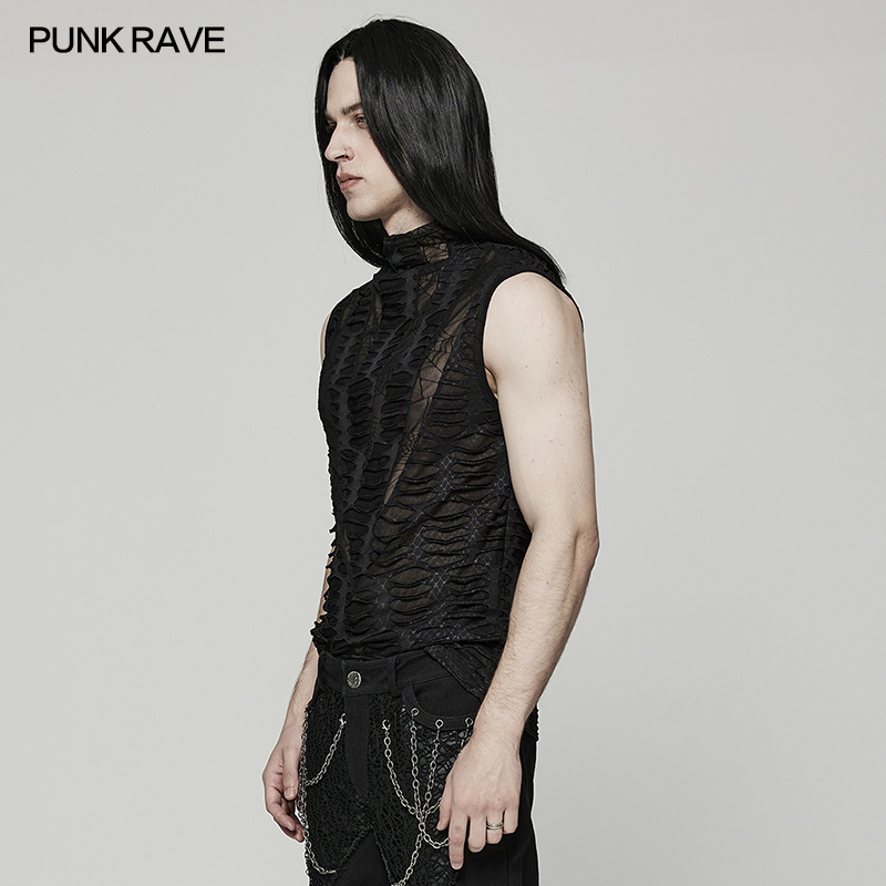 小破亚文化 PUNK RAVE pr朋克状态男装 GOTH破烂分割蜘蛛网背心 - 图0