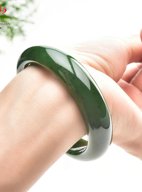 豪8印象·手镯之家T3-110和田碧玉手镯圈口54.5mm天然菠菜绿玉镯