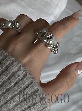 真多麻灰珍珠手作串珠戒指