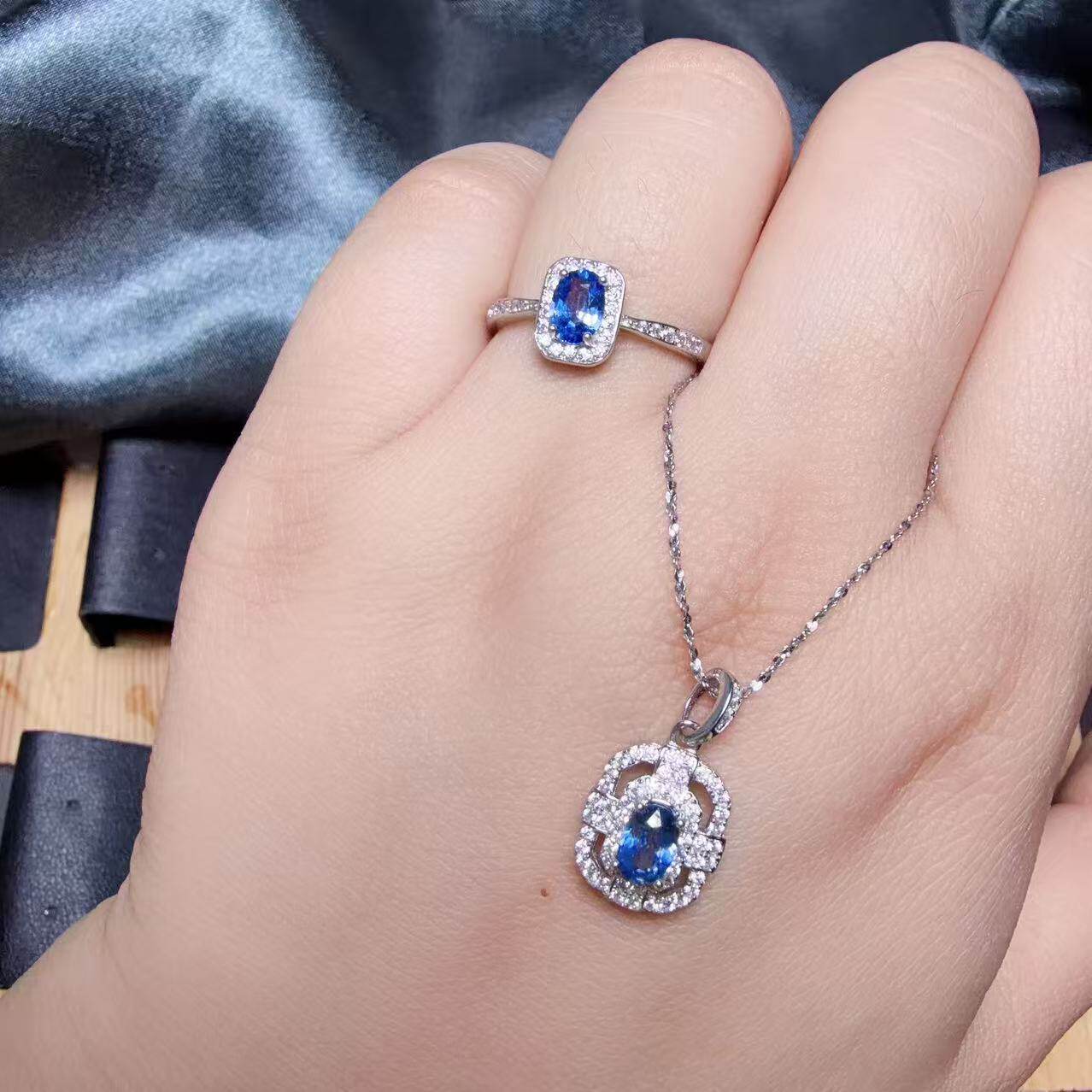 Natural Cornflower Sapphire 925 Silver Jewelry Set