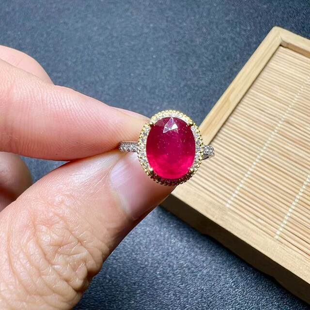 Natural ruby newly fired ring 925 silver finely inlaid 8×10 natural colored gemstone jewelry