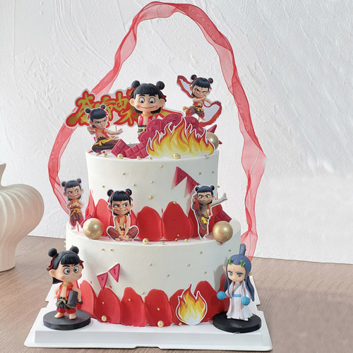 哪咤敖丙公仔摆件烘焙儿童生日哪吒蛋糕装饰风火轮手办插牌插件 - 图1