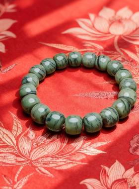 复古风意境手串天然和田玉籽料水草沁老型珠手串桶珠特色手链礼物