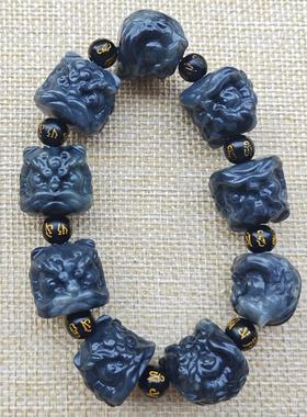 国潮醒狮手串和田玉青花手链