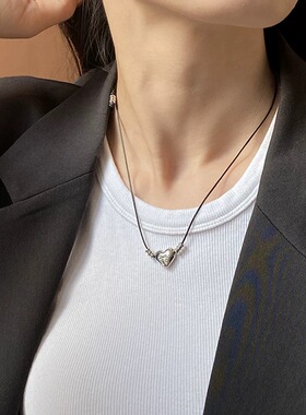 金泰妍同款银色爱心项链甜酷ins风长度可调节牛皮黑绳锁骨链