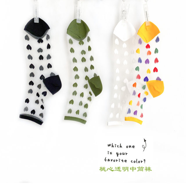 ຖົງຕີນສໍາລັບແມ່ຍິງ, ultra-thin love socks ກາງ calf ຍີ່ປຸ່ນໂປ່ງໃສ