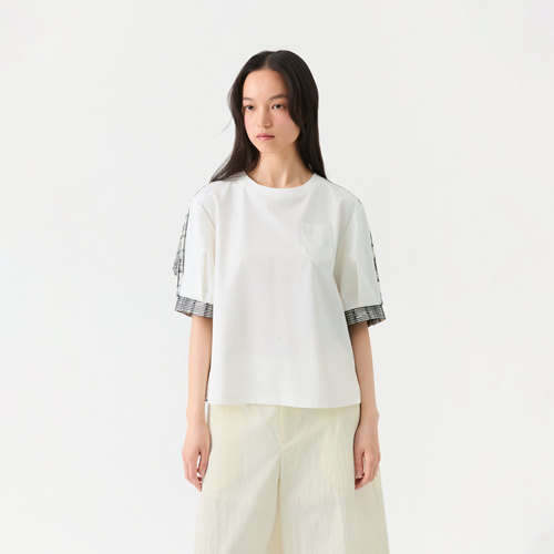 播复古灯笼袖拼接T恤女26夏季新款宽松格纹短袖上衣DDT2HD5641 - 图0