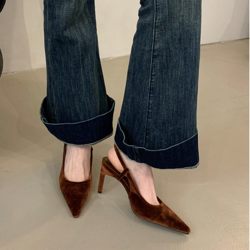 2026春季新新款女天鹅丝绒小猫跟细带浅口尖头露跟穆勒鞋浅口单鞋,淘宝优惠券,粉丝福利购,淘宝优惠卷