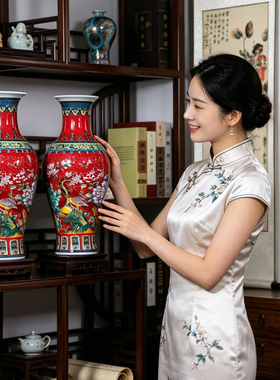 景德镇珐琅彩红花鸟落地花瓶