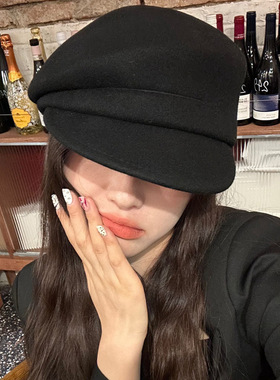 fever同款~黑色羊毛呢报童帽子女秋冬法式鸭舌帽显脸小贝雷帽礼帽
