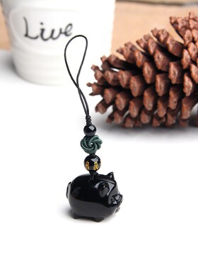 博语天然黑曜石小猪手机坠