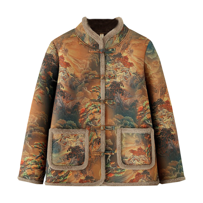 大码女装山水印花立领洋气棉服中老年妈妈加绒加厚棉袄老太太外套 - 图3