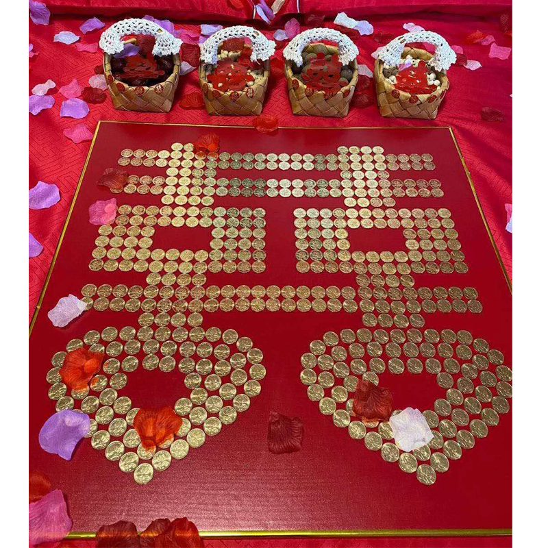 结婚压床喜五角硬币喜字模板新娘坐福硬币拼寿字福字订制硬币拼字 - 图0