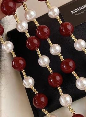GROW UP设计师款红色珍珠项链女多层轻奢毛衣链时尚锁骨链