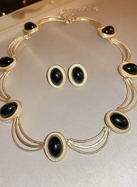 【GRWO UP】高级感复古宫廷黑色宝石项链女夸张气质中古锁骨链