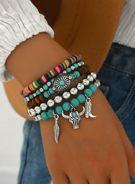 新品西部牛仔风绿松石牛头帽子多层弹力线手镯多件套串珠手链