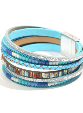 热销多层皮革手链波西米亚风皮革编织磁铁扣手带首饰时尚腕带