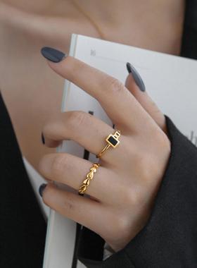 韩版简约黑贝不对称链条钛钢戒指