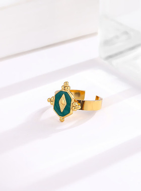 ring法式宫廷风祖母绿开口钛钢戒