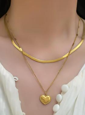 新款轻奢蛇骨爱心双层钛钢项链