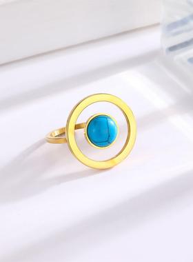 法式新款镶嵌绿松石钛钢戒指女