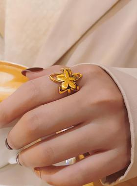 简约钛钢戒指女花瓣18k金色小众