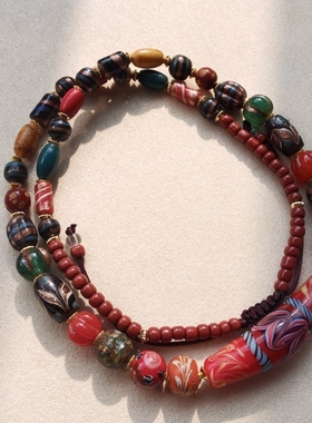 西亚牛角珠弯管老琉璃项链男士女士锁骨链原创古珠项链