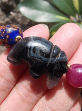 pyu骠系黑色缠丝老玛瑙大象主珠古珠多宝手链手串