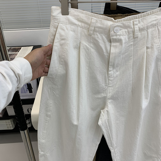 日单设计师 双褶 100%棉阿美咔叽宽松休闲裤男 日系复古哈伦裤 潮