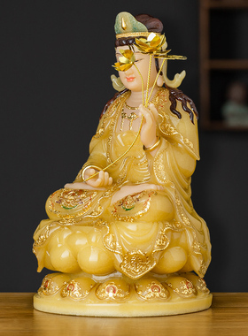 汉白玉镶金大势至菩萨像供奉摆件