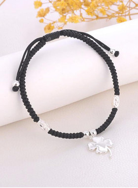 925银四叶草手工编织红绳手链男女款本命年手绳送女友 黑色