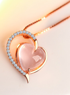 925银项链锁骨链粉水晶暖心吊坠颈链芙蓉石生日礼物送女友