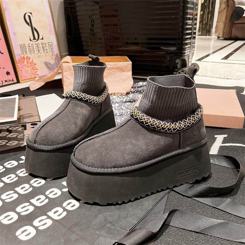 欧货真皮针织民族风厚底松糕大头面包雪地棉靴短靴勃肯鞋6cm女鞋,淘宝优惠券,粉丝福利购,淘宝优惠卷