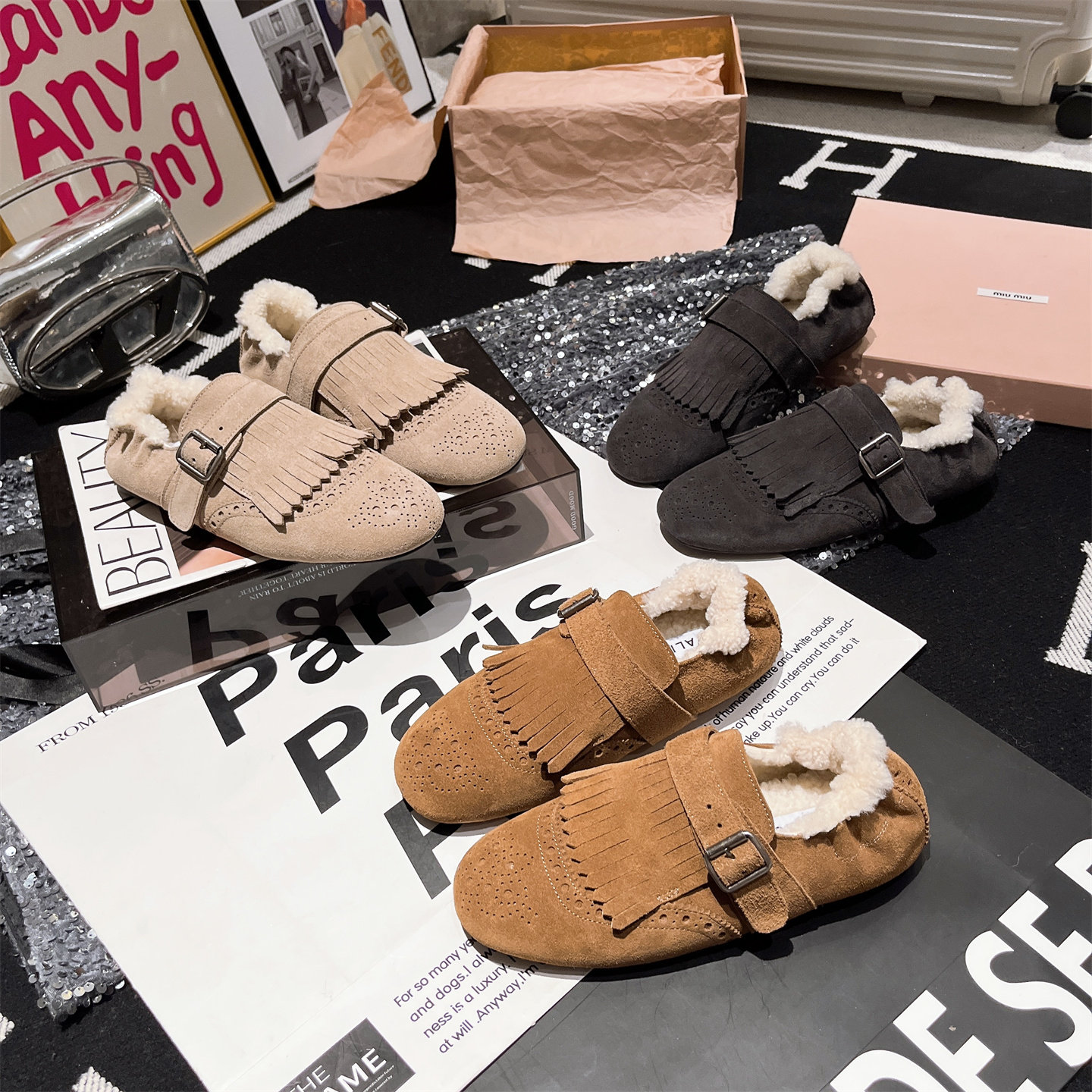 真皮羊毛版~欧货流苏金属扣加绒毛毛鞋乐福鞋勃肯鞋平底红色女鞋,淘宝优惠券,粉丝福利购,淘宝优惠卷