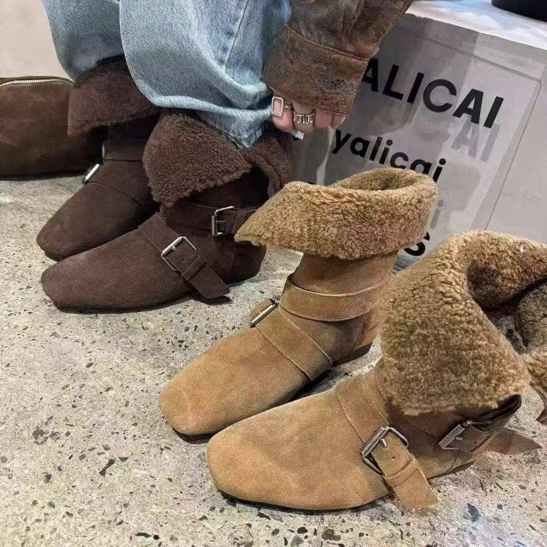 欧货真皮尖头金属扣翻领羊羔绒毛毛鞋两穿马丁靴短靴雪地棉靴女鞋,淘宝优惠券,粉丝福利购,淘宝优惠卷