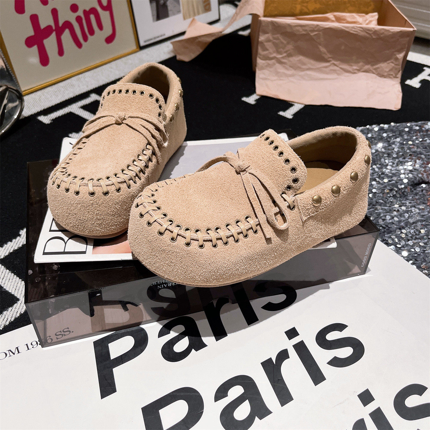 真皮版~大头编织铆钉蝴蝶结豆豆鞋勃肯鞋乐福鞋一脚蹬平底鞋女鞋,淘宝优惠券,粉丝福利购,淘宝优惠卷