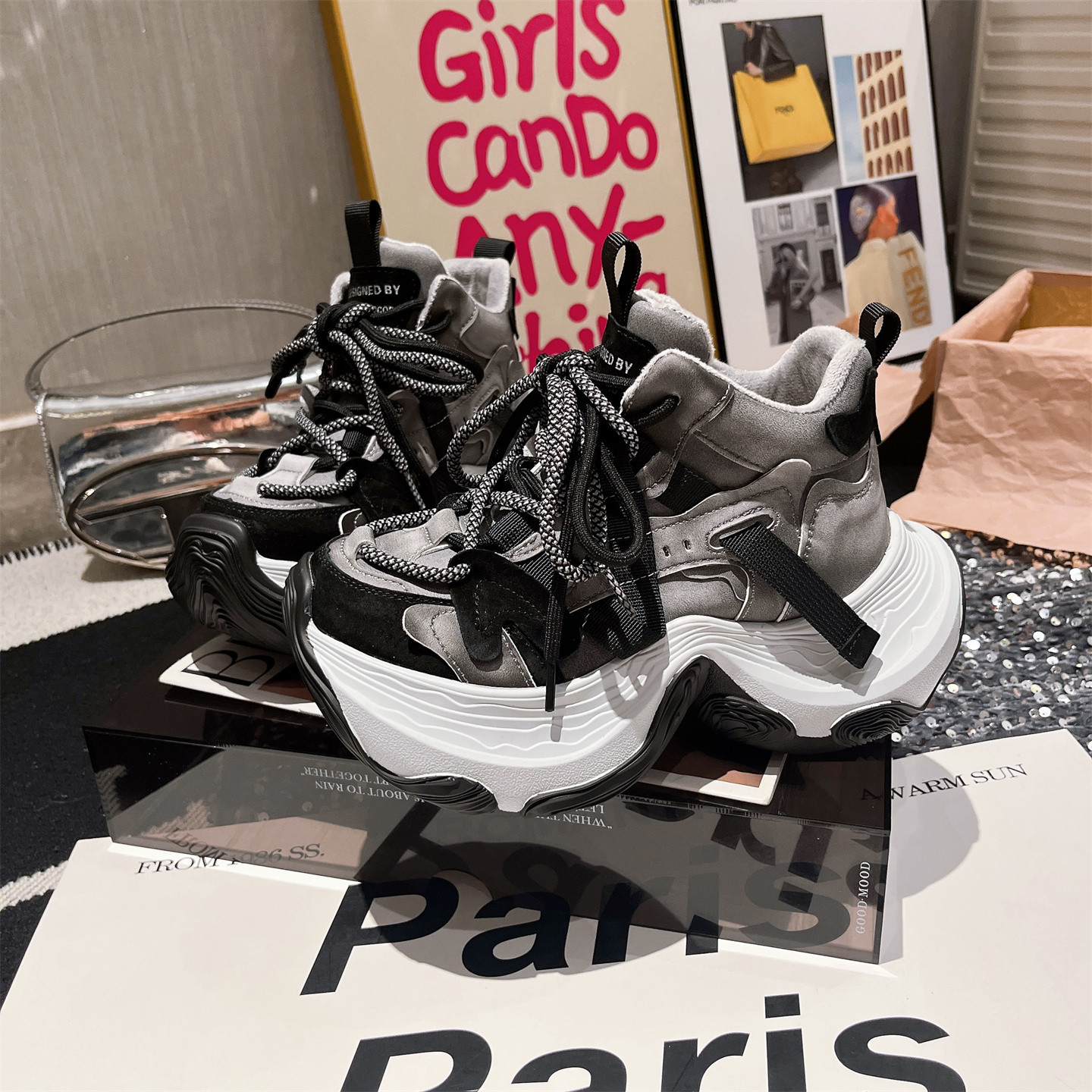 2025新款做旧系带厚底松糕小飞尾高帮鞋加绒小个子老爹鞋运动鞋女 - 图2