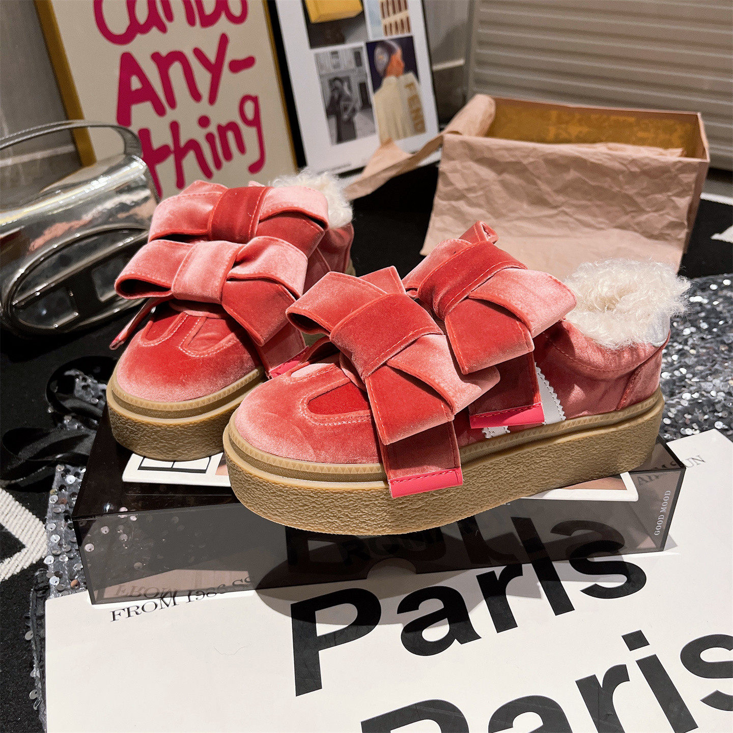 羊毛版~欧货甜美金丝绒蝴蝶结毛毛鞋休闲加绒雪地棉板鞋厚底女鞋,淘宝优惠券,粉丝福利购,淘宝优惠卷