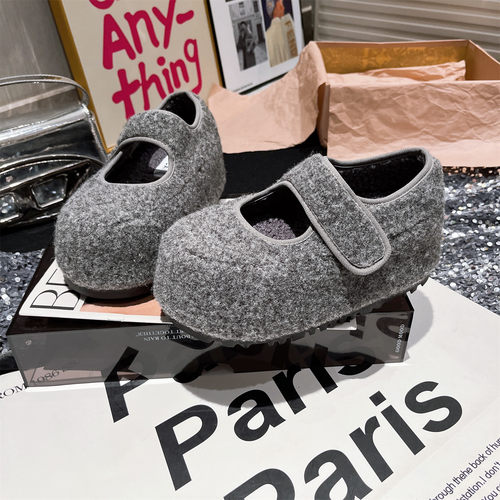 欧货新款毛呢毛毛鞋魔术贴玛丽珍鞋加绒保暖棉鞋面包鞋勃肯鞋女鞋 - 图0