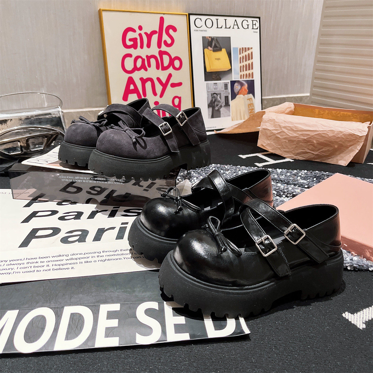 真皮版~交叉带一字玛丽珍大头蝴蝶结厚底松糕浅口勃肯鞋乐福鞋女,淘宝优惠券,粉丝福利购,淘宝优惠卷