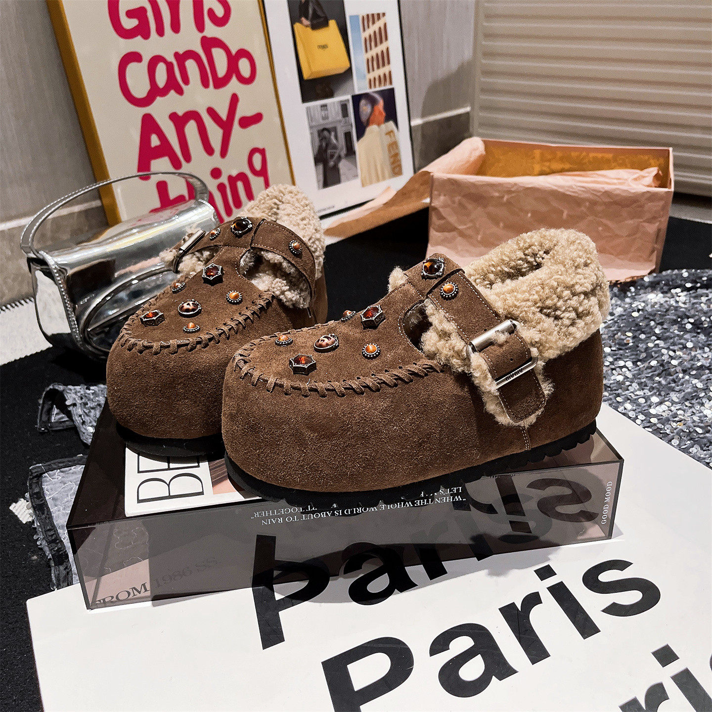 真皮羊毛版~欧货水钻松糕小个子加绒毛毛鞋大头面包鞋勃肯鞋女鞋,淘宝优惠券,粉丝福利购,淘宝优惠卷