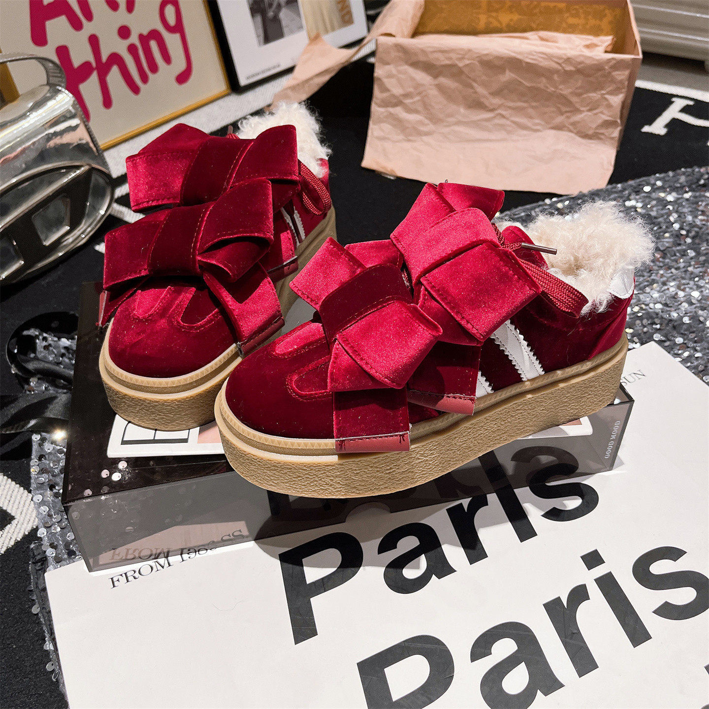 羊毛版~欧货甜美金丝绒蝴蝶结毛毛鞋休闲加绒雪地棉板鞋厚底女鞋,淘宝优惠券,粉丝福利购,淘宝优惠卷