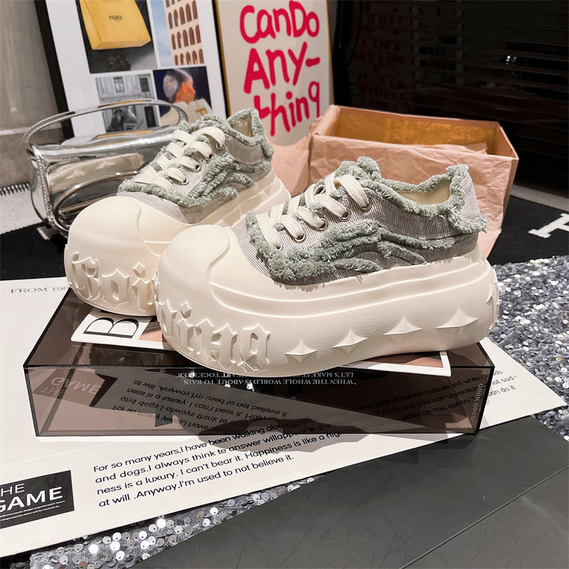 2025年新款ins超火牛仔布系带厚底松糕休闲鞋板鞋溶解鞋7cm女鞋潮 - 图0