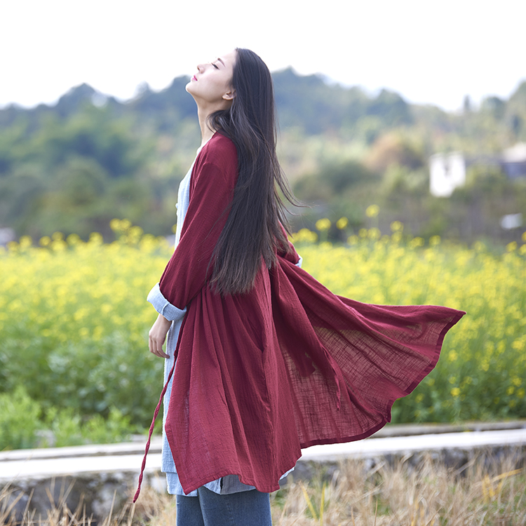 佛系衣服女棉麻李子柒同款禅意复古中长款外搭开衫中国风汉服外套 - 图2