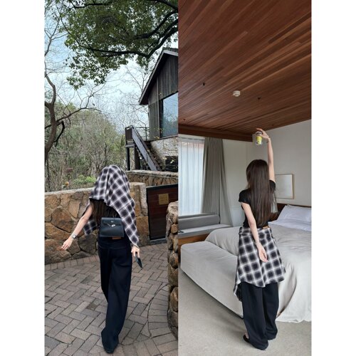 '留学生Daily life'素颜黑框的ootd宽松松弛感百搭格子衬衫外套女 - 图1