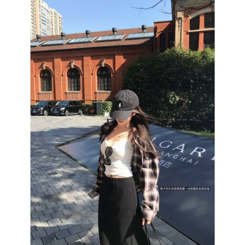 '留学生Daily life'素颜黑框的ootd宽松松弛感百搭格子衬衫外套女 - 图0
